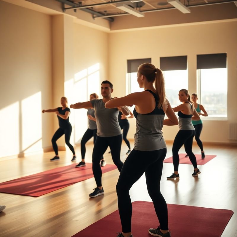 Тренер ведёт групповое занятие HIIT в кремовом зале